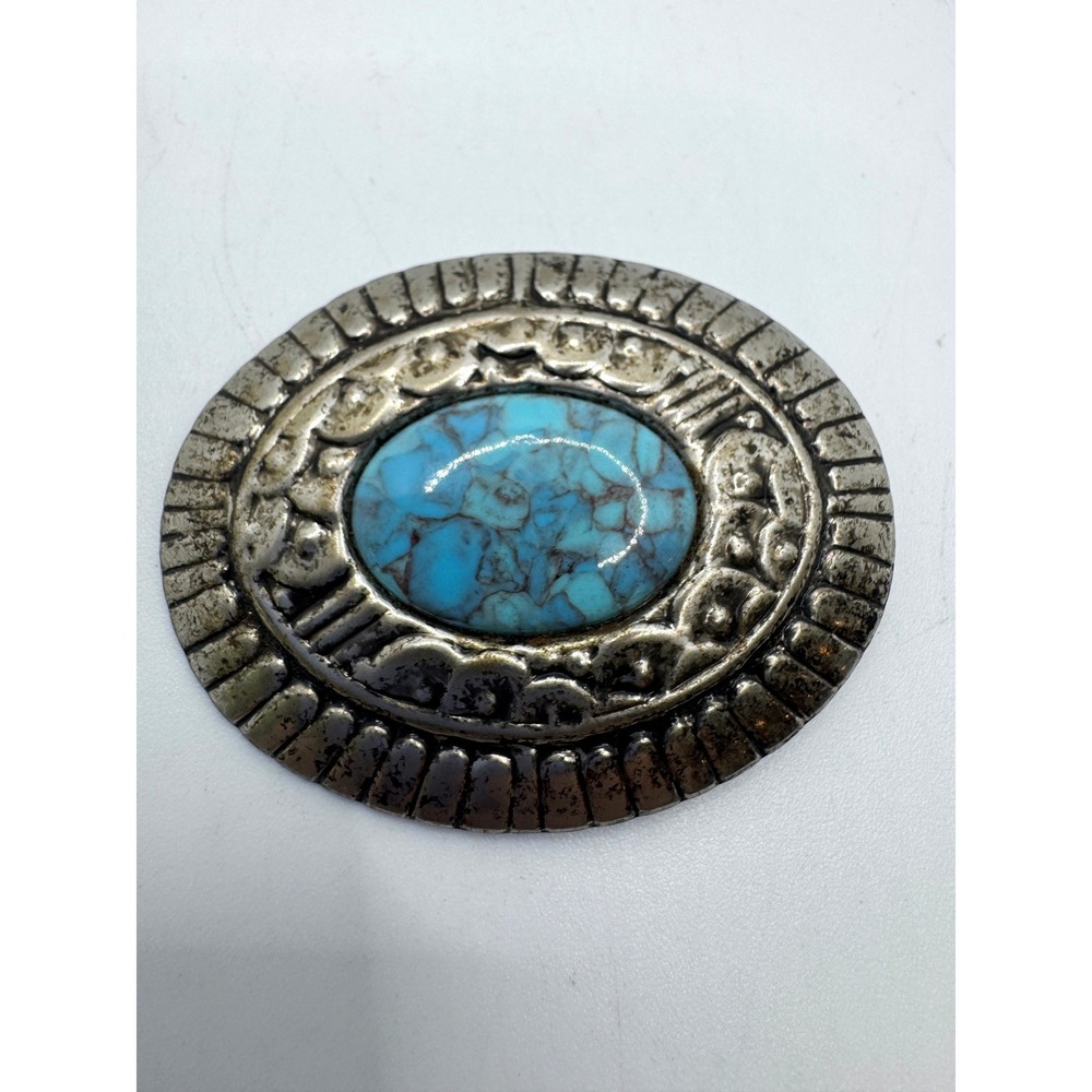 Vintage Southwestern Faux Turquoise Oval Brooch Silver Tone Scalloped Pin